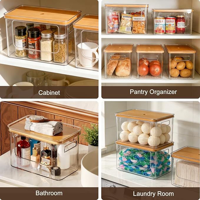 Hudgan Pantry Organizers and Storage, 2 Stackable Storage Bins for Onion, Potato, Garlic, Straight Side Clear Plastic Container for Home Edit, Kitchen Cabinet, Countertop, Bathroom and Laundry Room