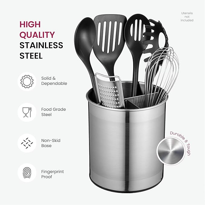 FineDine Rotating Kitchen Utensil Holder for Kitchen Counter - With Weighted Base for Stability, Stainless Steel Cooking Utensil Holder with Removable Divider, Brushed Stainless Steel
