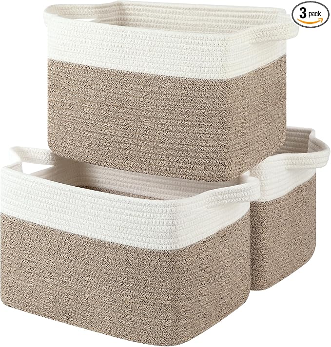 Storage Baskets for Organizing, Woven Baskets for Shelves, Rectangle Decorative Organizer for Storage Clothes, Toy, Books, Towels Nursery Bins 3 Pack (Brown & White, 13"x9.85"x8.7")