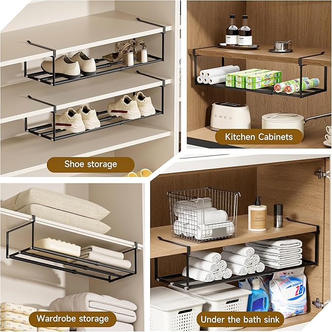 Expandable Hanging Shoe Rack Organizer for Closet, Adjustable Shoe Rack Under Cabinet Shelf, Versatile Under Shelf Storage for Kitchen, Book, Clothing Storage and Organization(Black,4PCS)