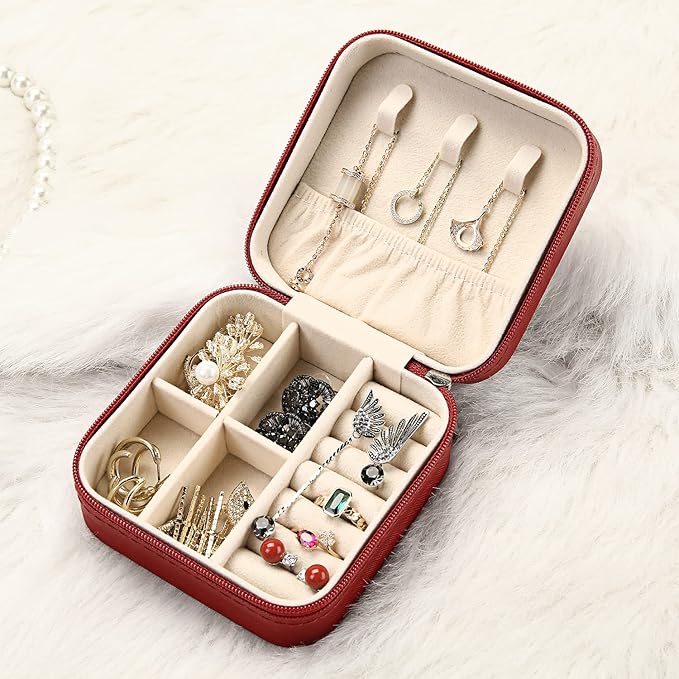 Mini Jewelry Case, Small Travel Jewelry Organizer, Portable Jewelry Box Mini Storage Organizer Display Box For Rings Earrings Necklaces (Red-4pcs)