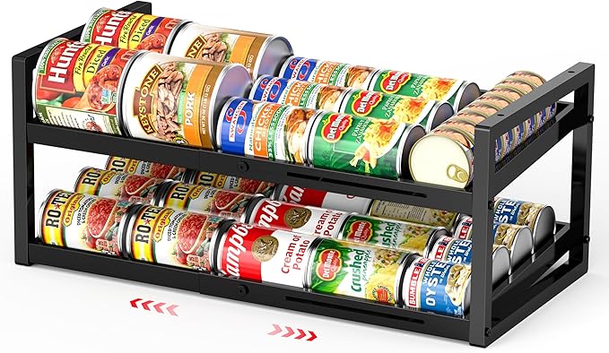 2-Tier Can Organizer for Pantry, Expandable Length Can Rack for Kitchen Shelf Organizer and Storage, Sturdy Metal Standing Can Holder for Canned Soup Soda Food Goods Storage, Stackable