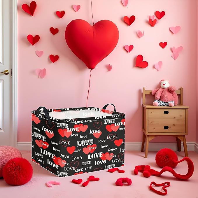 Rectangular Valentines Basket for Home Kitchen Girls Cute Kids Storage Bin Organizer Shelf Book Room Decor(Black Red Love)
