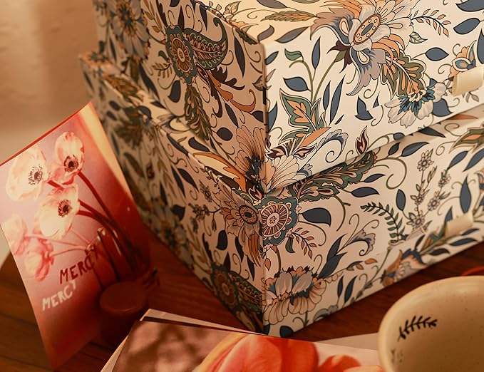 3-Piece Decorative Storage Boxes with Lids, Magnet and Ribbon, Plain White, Floral, Cardboard Paper Keepsake box Set, Photo Storage Box for Memory, Modern Stylish Home Decor