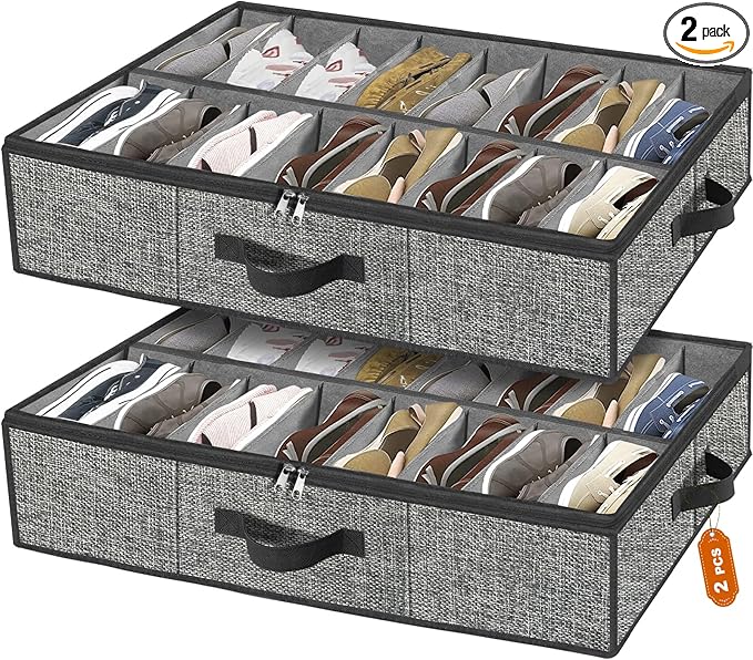 homyfort Under the Bed Shoe Storage Organizer for Closet, Extra Large Underbed Shoe Container, 2 Pack Fits 32 Pairs