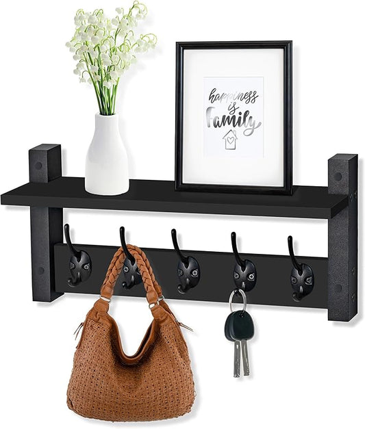 Sorbus Coat Hooks Wall Mount with Shelf – 16 Inch Coat Rack Wall Mount with 5 Heavy Duty Hooks – Floating Wall Shelf with Hooks for Entryway, Bathroom, Bedroom, Kitchen, or Mudroom (Black)