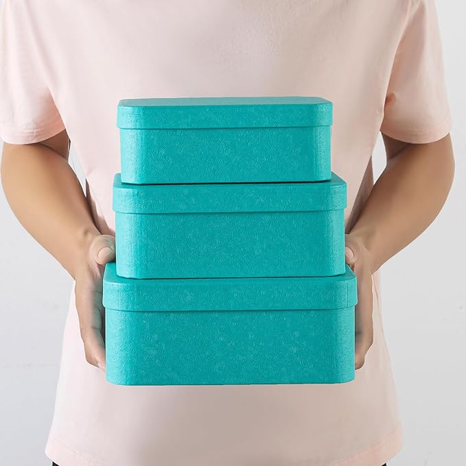 Soul & Lane Set of 3 Textured Blue Boxes with Rounded Edges - Nesting Decorative Cardboard Boxes with Lids for Gifts and Keepsakes, Large Paperboard Storage for Organizing