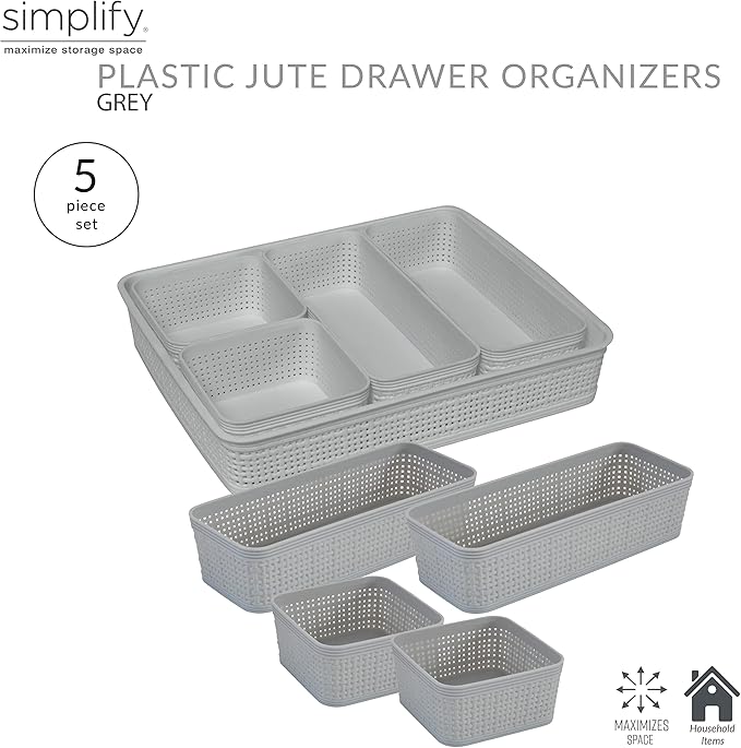 Simplify 5 Piece Organizing Set | Multiple Size Bins | Multipurpose | Office | Desk | Dorm | Bathroom | Storage Basket | Small Items | Accessories | Grey