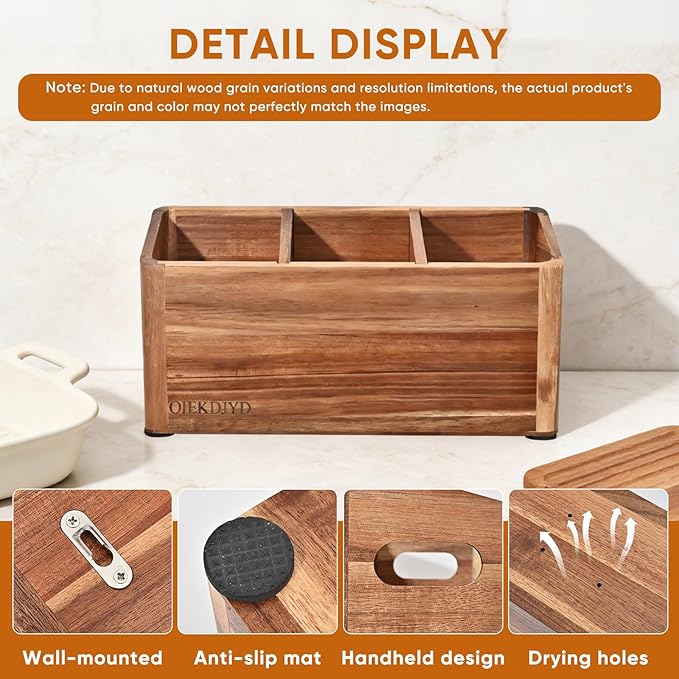 Wooden Utensil Holder for Kitchen Counter - Large Utensil Organizer with 3 Compartment, Cooking Tool Crock & Farmhouse Kitchen Accessories