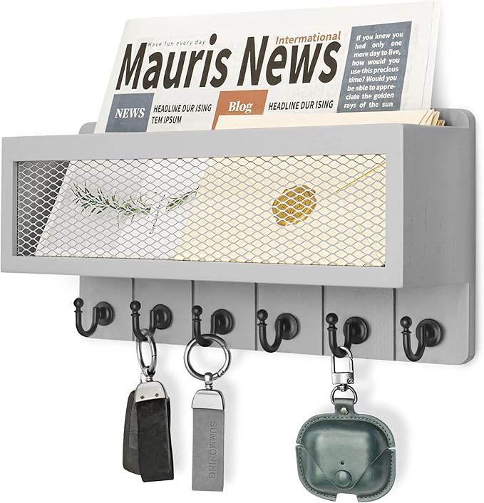 Rebee Vision Modern Key Holder for Wall with Mail Organizer: Stylish Mesh Storage Basket with 6 Sturdy Hooks - Farmhouse Wall Decor for Apartment, Entryway, Hallway, Office (Gray)