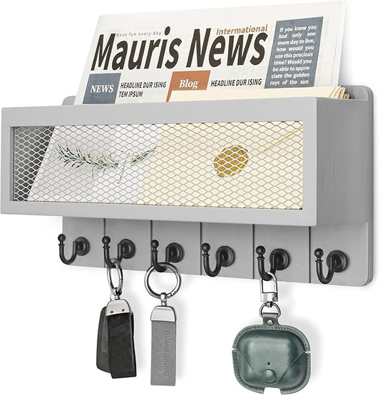 Rebee Vision Modern Key Holder for Wall with Mail Organizer: Stylish Mesh Storage Basket with 6 Sturdy Hooks - Farmhouse Wall Decor for Apartment, Entryway, Hallway, Office (Gray)