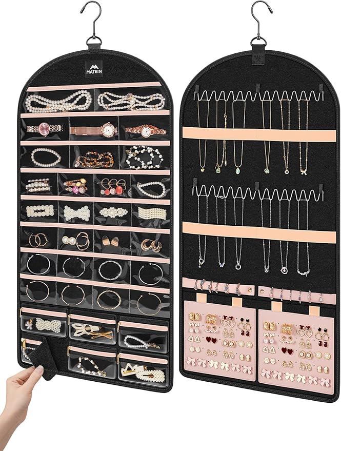 MATEIN Hanging Jewelry Organizer with Removable Zipper Jewelry Pouches, Tangle-Free Necklace Hanger for Closet with Metal Hook, Over the Door Earring Storage Bracelet Ring Holder, Unique Gifts for Her