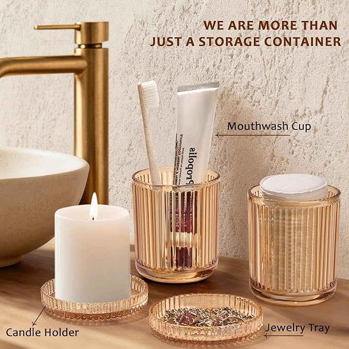 Qtip Holder for Bathroom set of 2,Bathroom Canisters with Lids,Clear Glass Apothecary Jars for Cotton Balls,Swabs,Floss Picks,Hair Ties,Vanity Organizer and Storage,Vintage Home Decor (Amber)
