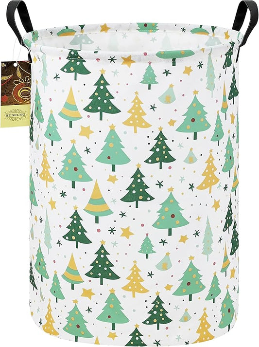 HUNRUNG Laundry Hamper,Large Canvas Fabric Lightweight Storage Basket Toy Organizer Dirty Clothes Collapsible Waterproof for College Dormsï¼Round-Green treeï¼