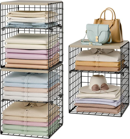 6-Tier Stackable Closet Organizers and Storage Basket, Set of 3 Closet Shelf Organizer with Adjustable Divider & Wood Top Board, Clothes Storage Bins for Wardrobe Organizer System, Space-Saving, Black