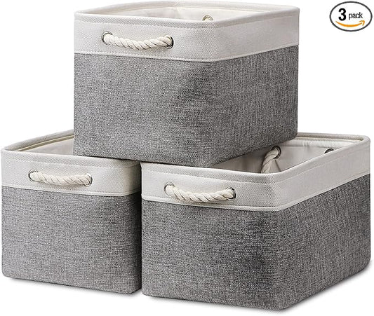 HNZIGE Large Fabric Storage Baskets (3 Pack) - Foldable Gift Baskets with Rope Handles, Decorative Organizers for Home (White & Gray, 15" x 11" x 9.5")