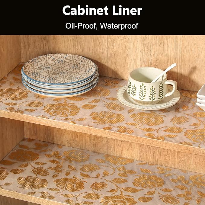 INNOLITES Shelf Liner for Cabinets, Non-Adhesive for Kitchen Drawer Liner, Waterproof Shelf Paper with Floral Pattern, Durable Easy to Clean (Golden Rose, 23.6" x 120")