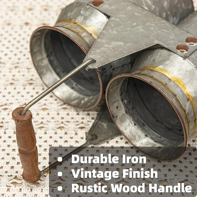 Set of 2 Rustic Galvanized Utensil Holders with Handles, Farmhouse Kitchen Crocks for Spoons, Forks & Knives, Countertop Organizer Buckets for Rustic Farmhouse Decor, 8"x4"x6.75"