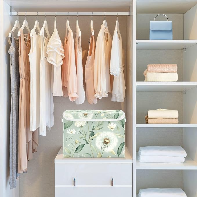 Collapsible Storage Bins with Lids Decorative Fabric Storage Cubes Closet Organizer Basket Boxes Containers for Clothes Box Chest Folding Rectangle Spring Sage Green Dandelions Daisy Flower