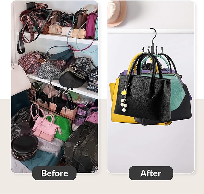 ZEDODIER 2 Pack Purse Hanger Organizer for Closet, Rotatable Sturdy Purses Holder Holds 16 Bags, Metal Space Saving Closet Organizers and Storage, Black