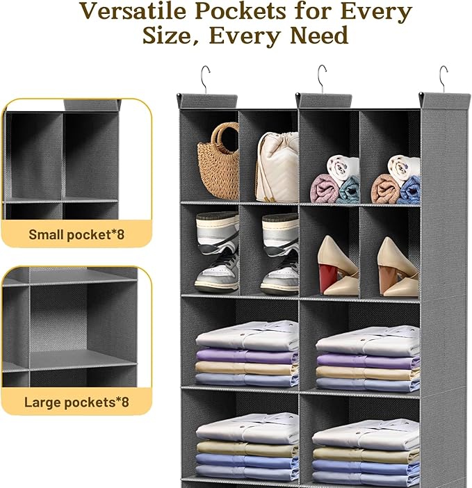 Ofiray-home 6 Tier Hanging Closet Organizer, 16 Compartments Sweater Organizer for Closet with 3 Sturdy Hooks, Closet Organizers and Storage, Wardrobe, Rv, Garment Rack, Grey