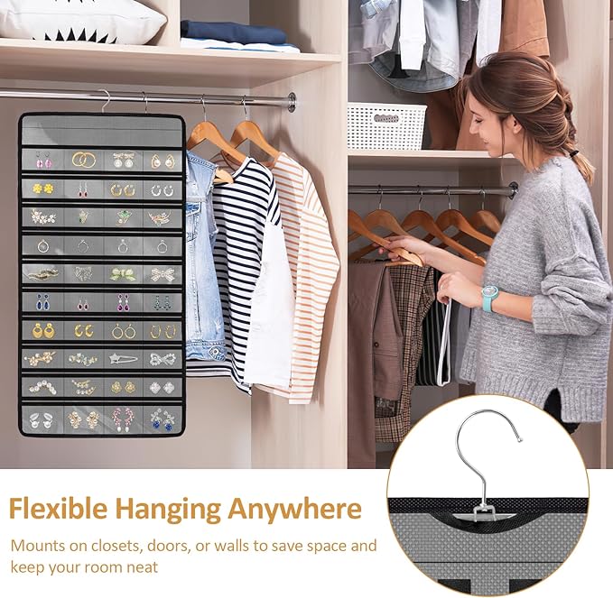 Hanging Jewelry Organizers and Storage, Double-Sided Jewelry Necklace Holder for Jewelries, Earrings, Accessories, Rings on Closet, Door, Wall (1,Gray)