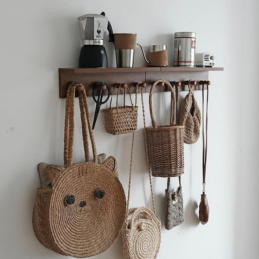 Wall Mounted Coat Rack with Shelf, 2 Pack Rustic Brown Floating Shelf with 8 Hooks, Heavy Duty Entryway Organizer for Hanging Coats, Bags, Hats, Towels - Ideal for Entryway—Teak Color Veneer