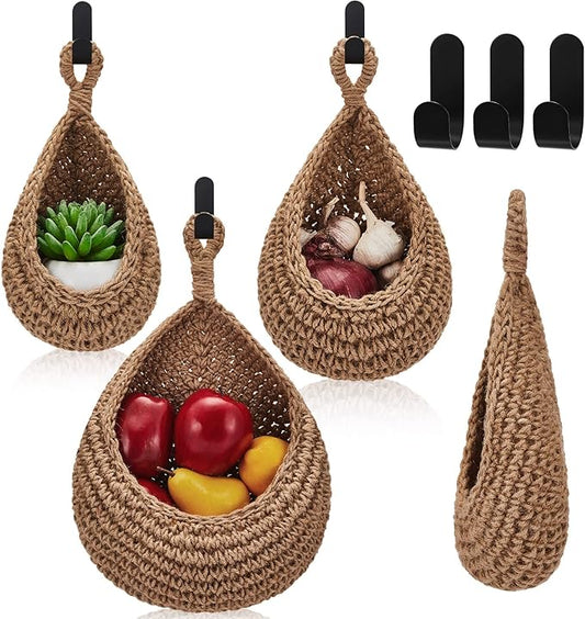 Honeydak Boho Decor Hanging Wall Baskets for Kitchen 3 Pack Teardrop Baskets with Hooks Storage Fruit Onion Vegetable Potato for Home 3 Sizes(Linen,Teardrop,Jute)