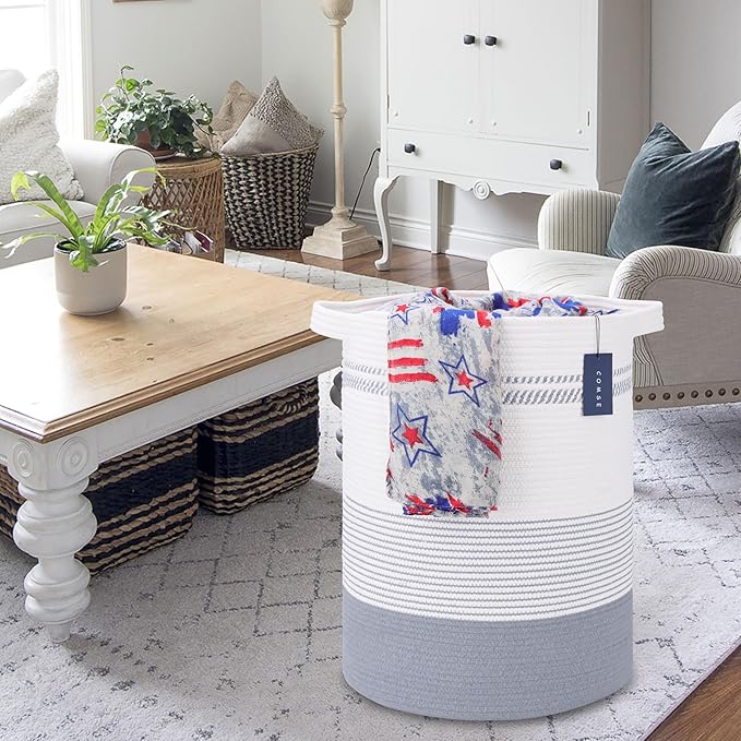 COMSE Extra Large Blanket Basket, Tall Laundry Basket, Nursery Hamper, 15.7âx 21.7â, Cotton Rope Woven Laundry Hamper for Storage Toys Clothes Towels, Light Gray & White