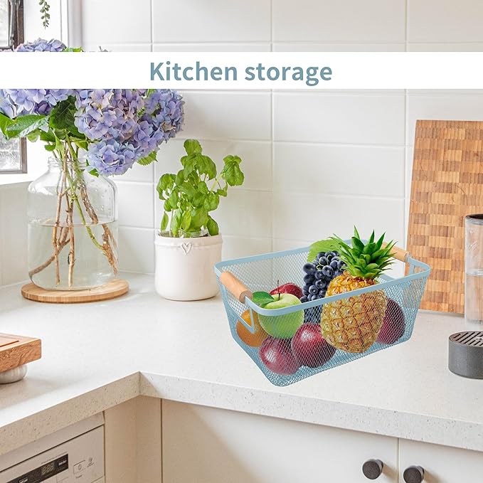 2Pack Metal Mesh Steel Basket with Bamboo Handle - Wire Metal Basket for Kitchen Organization, 12" Wide Food Organizer Bin, Perfect for Organizing Bulk Pantry (BLUE)