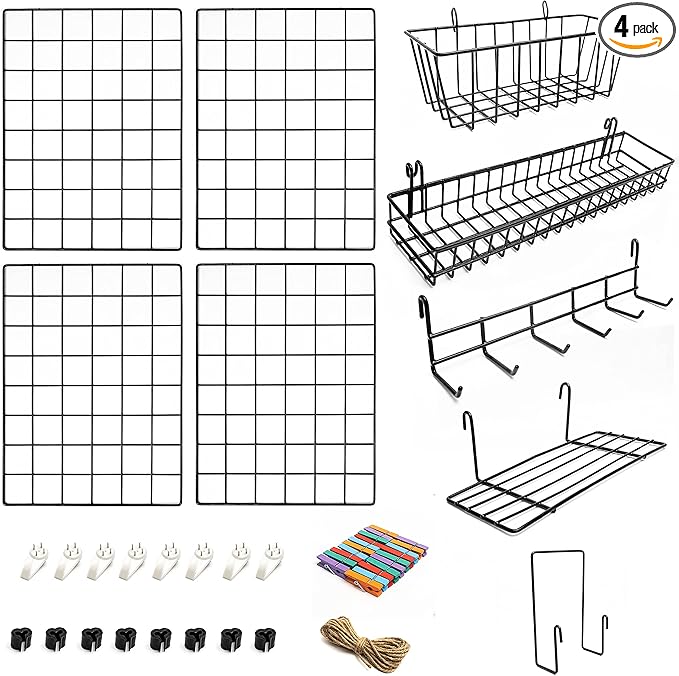 4 Pack Wire Wall Grid Panel With Accessories | Includes Hanging Baskets, Letter Sorter, Shelf & Hook Rack | Grid Wall Panels | Photo Grid | Hanging Home, Office & Kitchen Décor