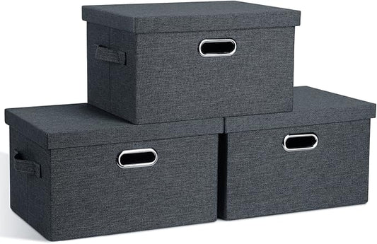Medium 15" 21 Quart Collapsible Stackable Storage Bins with Lids, 3 Packs Dark Grey Foldable Fabric Closet Boxes Heavy-duty Linen Cube Baskets Container for Bedroom Office (15 x 11 x 8)