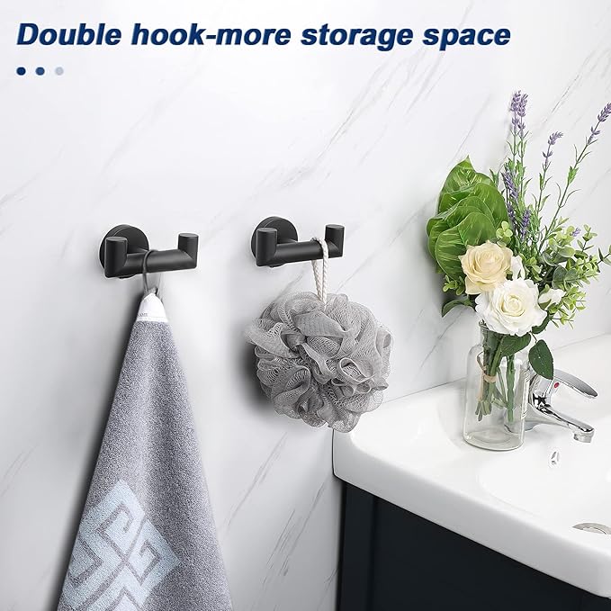 NearMoon Bathroom Double Towel Hook- SUS304 Stainless Steel Robe Towel Holder, Heavy Duty Double Coat Hook for Bathroom Livingroom Kitchen Wall Mounted (Matte Black-U, 2 Pack)