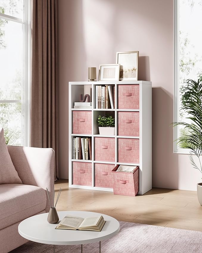 SONGMICS Storage Cubes, 10.2 x 10.2 x 11 Inches Non-Woven Fabric Bins with Double Handles, Set of 8, Closet Organizers for Shelves, Foldable, for Clothes, Jelly Pink UROB826R01