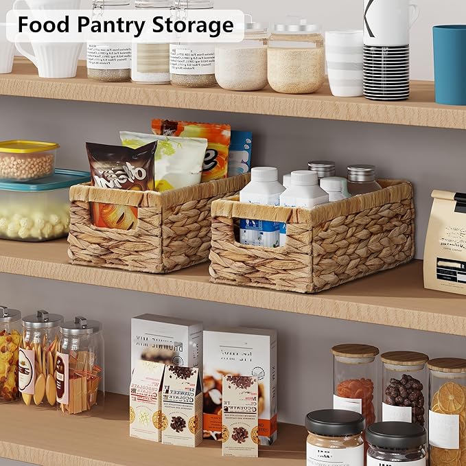 Vagusicc Water Hyacinth Storage Basket Wicker Baskets for Organizing with Handles Decorative Storage Bins for Countertop Toilet Paper Basket for Toilet Tank Top Small Baskets (11.4x6.1x4.6 in, 2 Pack)