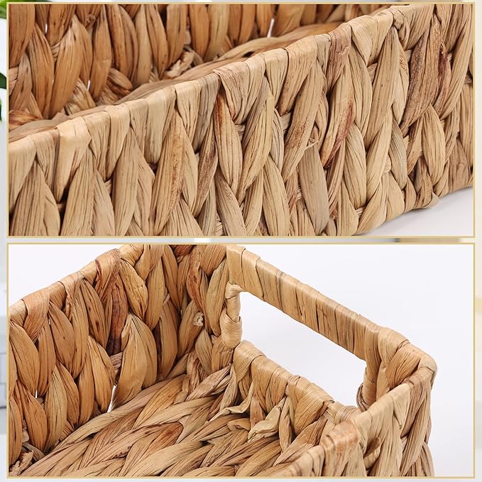 Wicker Storage Baskets with Handle Water Hyacinth Basket for Organizing Decorative Storage Bins for Countertop Toilet Tank Boho Rectangular Home Organizer (Natural, 15.9" x 6.8" x 4.1")