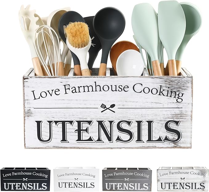 Utensil Holder,Kitchen Utensil Holder For Kitchen Counter,Extra Large Cooking Spatula Organizer,Farmhouse Wooden Big Storage With 4 Compartments Rustic Flatware Spoon Tool Organizer （Retro White）