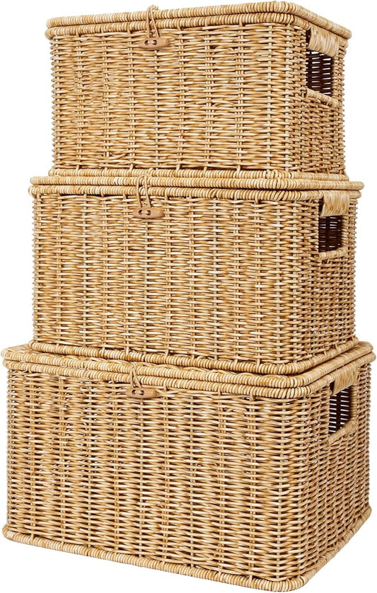 Nonam Wicket Basket with Lid, Large Shelf Baskets for Boho Deco, Plastic Storage Organizer Bins-Stackable Containers Boxes for Home & Office Shelves, Kitchen, Garage and Bathroom Organization, Natural