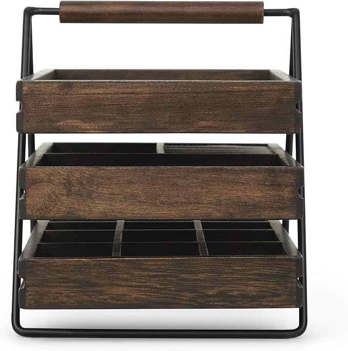 Umbra 1004037-048 Terrace Jewelry Tray â Three-Tier Jewelry Tray With Three Sliding Linen Lined Wood Trays With Metal Frame and Handle, Easy Storage and Access, Black/Walnut Finish