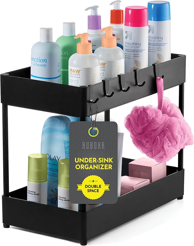 Space-Saving 2-Tier Under Sink Organizer and Storage with 6 Strong Hooks, Easy-Assemble, Under Cabinet Organizer, Durable, Big Capacity, Modern Storage Baskets for Bathroom, Kitchen, Etc. (Black)