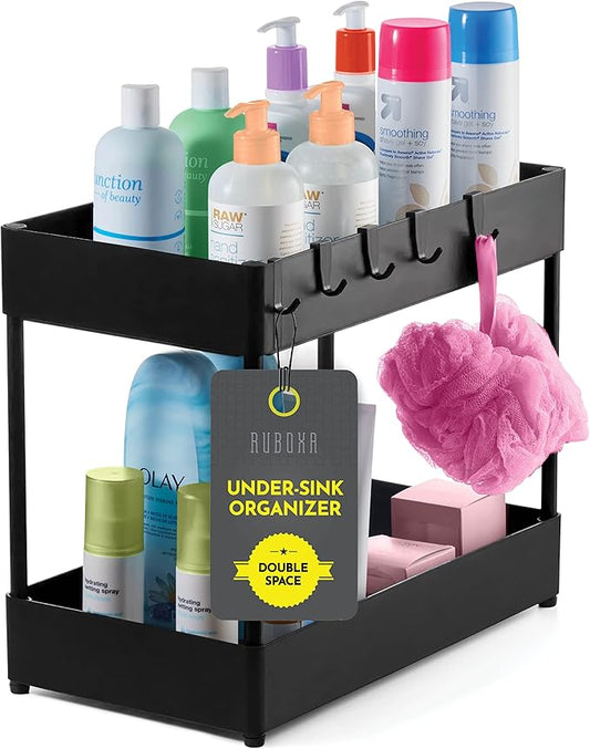Space-Saving 2-Tier Under Sink Organizer and Storage with 6 Strong Hooks, Easy-Assemble, Under Cabinet Organizer, Durable, Big Capacity, Modern Storage Baskets for Bathroom, Kitchen, Etc. (Black)