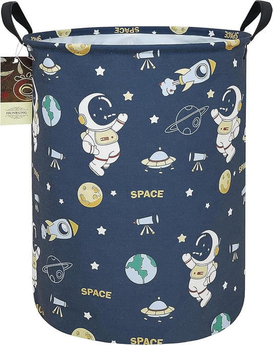 HUNRUNG Laundry Hamper,Large Canvas Fabric Lightweight Storage Basket Toy Organizer Dirty Clothes Collapsible Waterproof for College Dormsï¼Round-Blue Space Astronautï¼