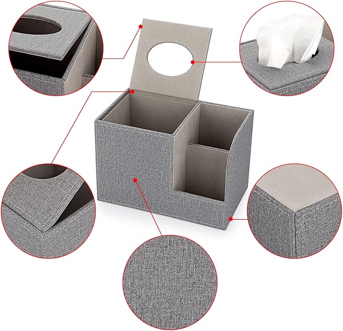 Sumnacon Square Linen Tissue Box Cover - Decorative Cube Tissue Box Holder with Side Organizer, Modern Tissue Box for Living Room Vanity Night Stand Table Countertop Office, Grey