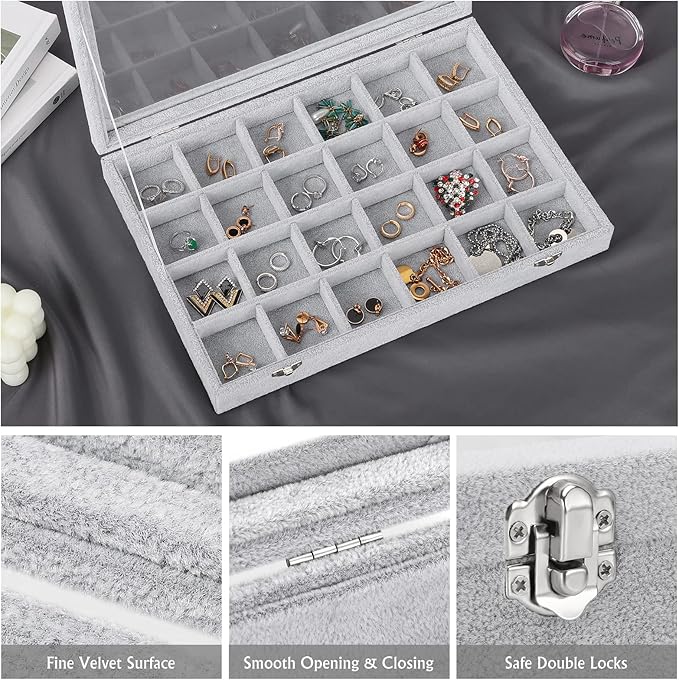 Emibele Velvet Jewelry Organizer Box, 24 Grids with Clear Lid Rings Earrings Bracelets Necklace Organizer Tray Showcase Display Jewelry Storage Case, Grey