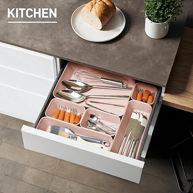 ISSEVE 8Pcs Nesting Silicone Drawer Organizer Trays, 4 Size Versatile Vanity Bathroom & Desk Drawer Organizer Set Storage Bins for Office,Kitchen,Nightstand,Pink