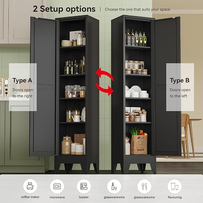 White Narrow Metal Storage Cabinet, Tall Freestanding Cabinet with 4 Adjustable Shelves & Barn Doors, Pantry Organizer for Bathroom Kitchen Home Office Dining Room（1PC,Black）