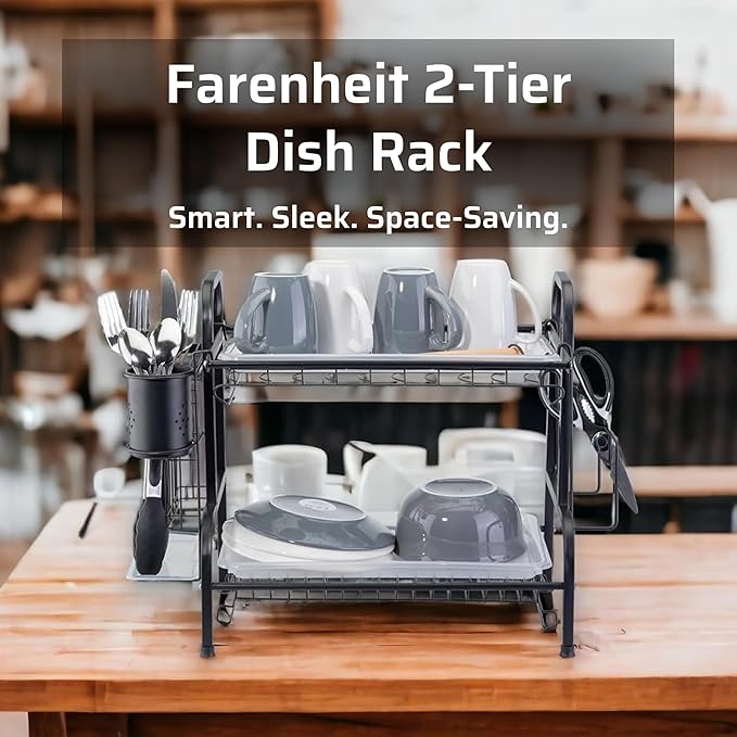 Farenheit 2-Tier Dish Rack for Kitchen Counter – Side Sink Large Black Dish Drying Rack with Utensil Holder, Sink Caddy & Cutting Board Organizer – Durable Stainless Steel Dish Strainer