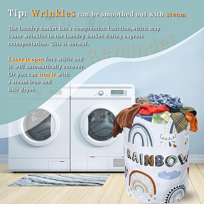 Cute Boho Rainbow Laundry Basket Foldable With Handles Colorful Tote Bag Oxford Cloth Laundry Hamper Clothes Storage Bucket Toy Organizer 18.9"x16.5" For Bathroom/Laundry/Bedroom