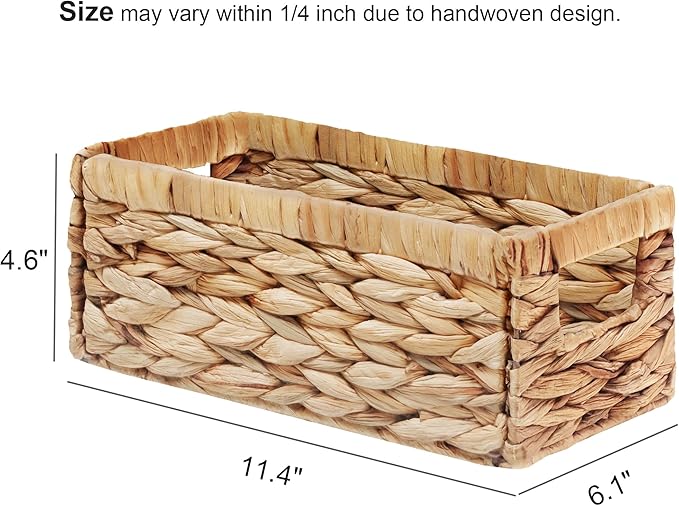 Vagusicc Water Hyacinth Storage Basket Wicker Baskets for Organizing with Handles Decorative Storage Bins for Countertop Toilet Paper Basket for Toilet Tank Top Small Baskets (11.4x6.1x4.6 in, 2 Pack)