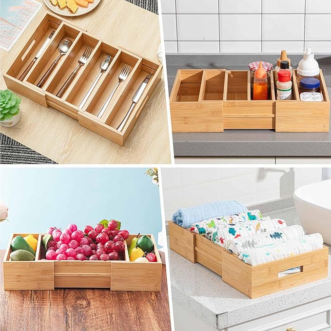 Juexica 11.8"-18.7" Expandable Bamboo Lid Organizer for Cabinet Adjustable Kitchen Cabinet Organizer Drawer Kitchen Organization with Dividers for Food Container Pantry Storage, Natural